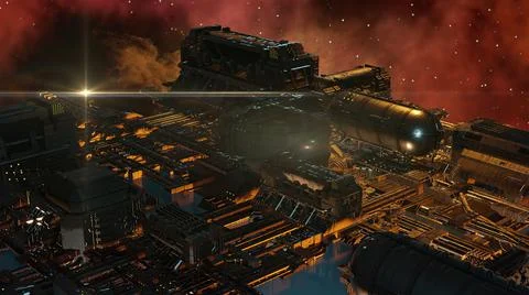 3d illustration - alien sci-fi city with optical flares Stock Illustration