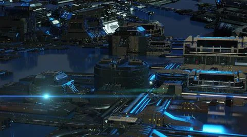 3d illustration - alien sci-fi city with optical flares Stock Illustration