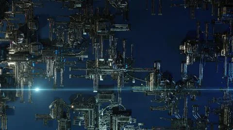 3d illustration - alien sci-fi city with optical flares Stock Illustration