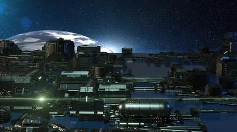 3d illustration - alien sci-fi city with optical flares Stock Illustration