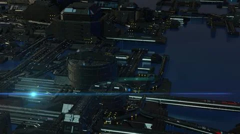 3d illustration - alien sci-fi city with optical flares Stock Illustration