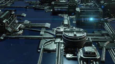 3d illustration - alien sci-fi city with optical flares Stock Illustration