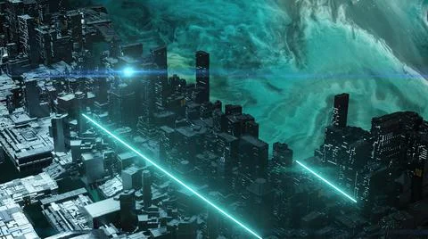 3d illustration - alien sci-fi city with optical flares Stock Illustration