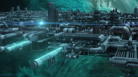 3d illustration - alien sci-fi city with optical flares Stock Illustration