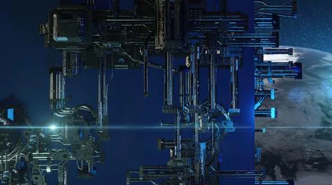 3d illustration - alien sci-fi city with optical flares Stock Illustration