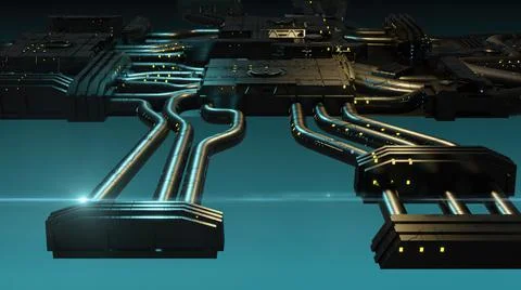 3d illustration - alien sci-fi city with optical flares Stock Illustration