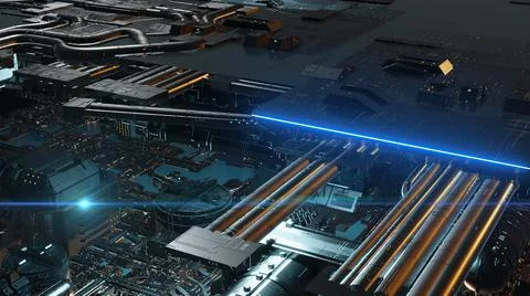 3d illustration - alien sci-fi city with optical flares Stock Illustration