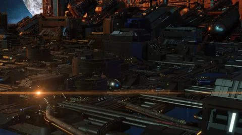 3d illustration - alien sci-fi city with optical flares Stock Illustration