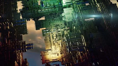 3d illustration - alien sci-fi city with optical flares Stock Illustration