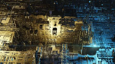 3d illustration - alien sci-fi city with optical flares Stock Illustration