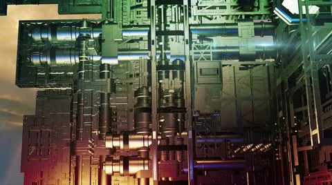 3d illustration - alien sci-fi city with optical flares Stock Illustration