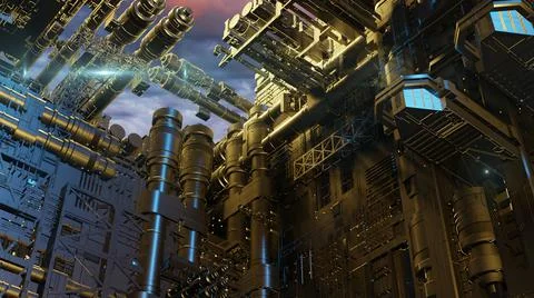 3d illustration - alien sci-fi city with optical flares Stock Illustration