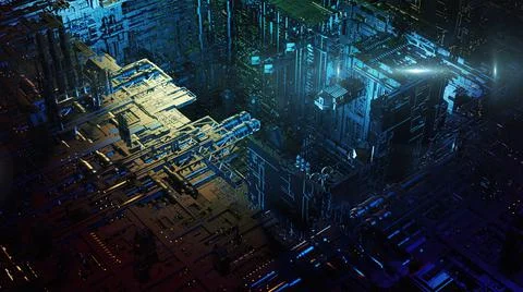 3d illustration - alien sci-fi city with optical flares Stock Illustration