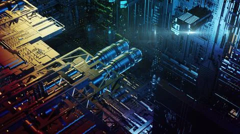 3d illustration - alien sci-fi city with optical flares Stock Illustration