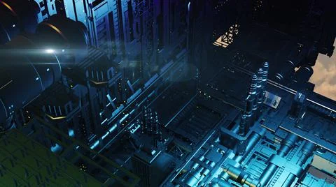 3d illustration - alien sci-fi city with optical flares Stock Illustration