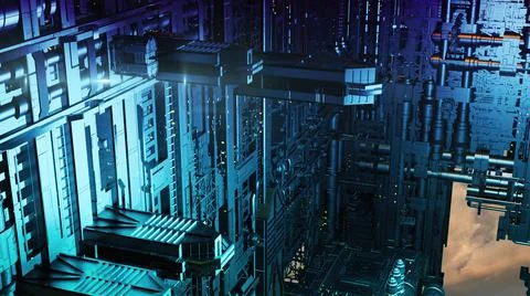 3d illustration - alien sci-fi city with optical flares Stock Illustration