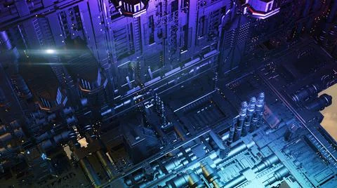 3d illustration - alien sci-fi city with optical flares Stock Illustration