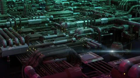 3d illustration - alien sci-fi city with optical flares Stock Illustration