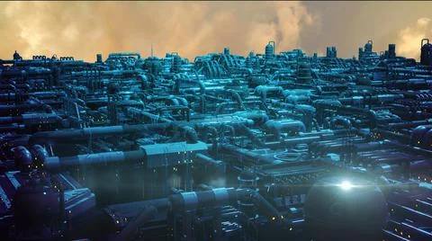 3d illustration - alien sci-fi city with optical flares Stock Illustration