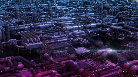 3d illustration - alien sci-fi city with optical flares Stock Illustration