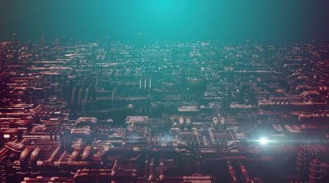 3d illustration - alien sci-fi city with optical flares Stock Illustration
