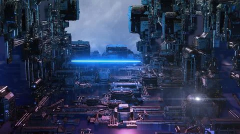 3d illustration - alien sci-fi city with optical flares Stock Illustration