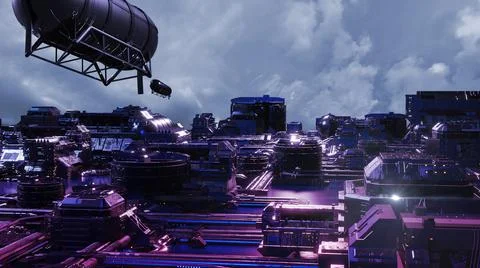 3d illustration - alien sci-fi city with optical flares Stock Illustration