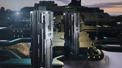 3d illustration - alien sci-fi city with optical flares Stock Illustration