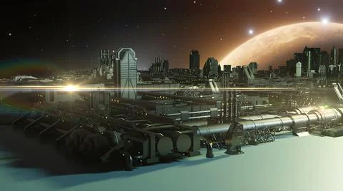 3d illustration - alien sci-fi city with optical flares Stock Illustration