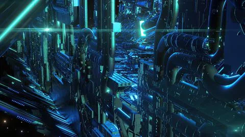 3d illustration - alien sci-fi city with optical flares Stock Illustration