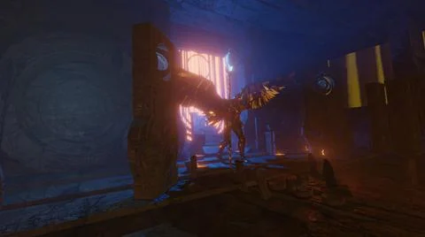 3d illustration - alien sci-fi concept of the angel with wings on dark backgr イラスト素材