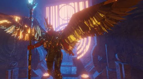 3d illustration - alien sci-fi concept of the angel with wings on dark backgr イラスト素材