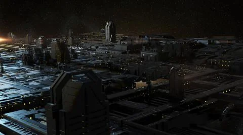 3d illustration - alien sci-fi city with optical flares. Stock Illustration