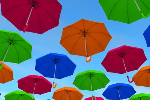 3d illustration of aligned and colored umbrellas Stock Illustration