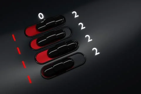 3d illustration of on and off toggle switch buttons with 1 and 2 lettering,   Stock Photos