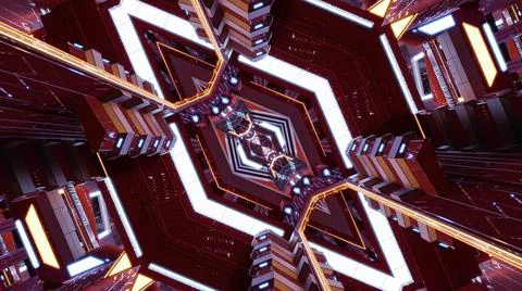 3D illustration of an angular rhombus shaped enlightened sci-fi tunnel in red Stock Illustration