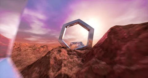3d illustration animation of Flying through chrome arcs on a rocky surface in 스톡 동영상 196692999