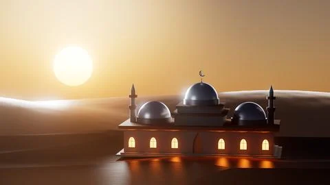 3d illustration arab mosque on the background of sunset in the desert, Ramadan Illustrazione stock