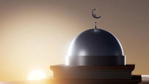 3d illustration arab mosque on the background of sunset in the desert, Ramadan Stock Illustration