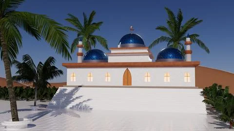 3d illustration arab mosque on the background of sunset in the desert, Ramadan Stock Illustration