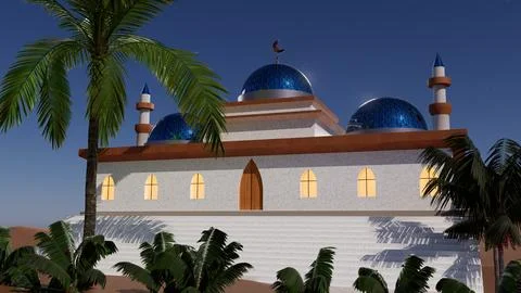 3d illustration arab mosque on the background of sunset in the desert, Ramadan Stock Illustration