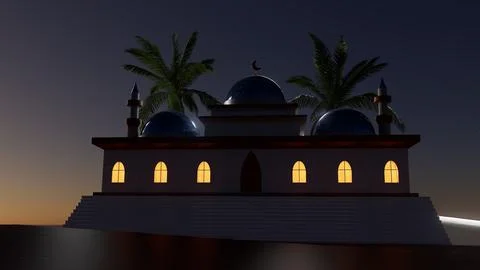 3d illustration arab mosque on the background of sunset in the desert, Ramadan Stock Illustration