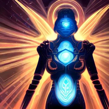 3d illustration of Astral Robot, glowing lights, Abstract background Stock Illustration