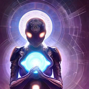 3d illustration of Astral Robot, glowing lights, Abstract background Stock Illustration