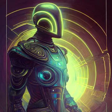 3d illustration of Astral Robot, glowing lights, Abstract background Stock Illustration