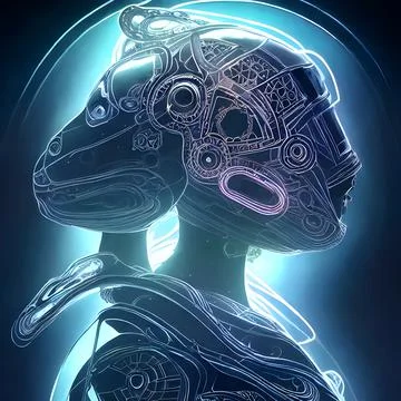 3d illustration of Astral Robot, glowing lights, Abstract background Stock Illustration