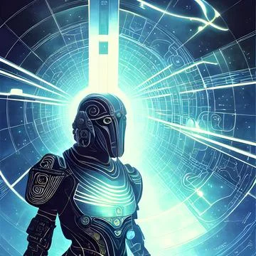 3d illustration of Astral Robot, glowing lights, Abstract background Stock Illustration