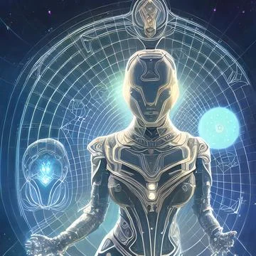 3d illustration of Astral Robot, glowing lights, Abstract background Stock Illustration