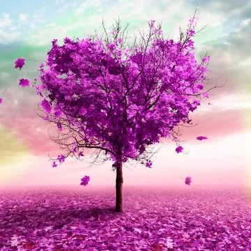 3D illustration - Autumn tree in the shape of a heart, purple color Stock Illustration