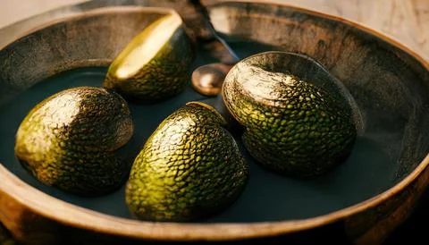 3D Illustration of Avocado Oil on the bowl with green avocados in the backgro Stock Illustration